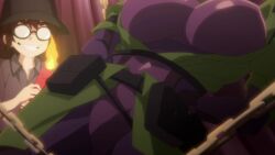 1boy 2girls akutsu_eita android animated anime_screenshot arms_behind_head bdsm black_hair black_thighhighs blonde_hair blush bodysuit bondage bouncing_breasts bound breasts brown_hair candle covered_erect_nipples flat_cap glasses gluteal_fold green_jacket grin hat highres imagining impossible_bodysuit impossible_clothes jacket kakushite!_makina-san!! large_breasts mamimi_(makina-san) multiple_girls open_mouth purple_bodysuit purple_eyes robot_girl sakimori_alma smile sound spread_legs tagme thighhighs video