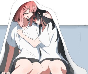 2girls amaori_renako black_hair black_shorts blush closed_eyes closed_mouth commentary_request hair_ornament hairclip hand_on_another&#039;s_head highres hug koto_satsuki long_hair medium_hair multiple_girls nobunaga_(nbng_g) open_mouth parallel_hairclips pink_hair shirt shorts sitting watashi_ga_koibito_ni_nareru_wake_naijan_murimuri! white_shirt x_hair_ornament yuri