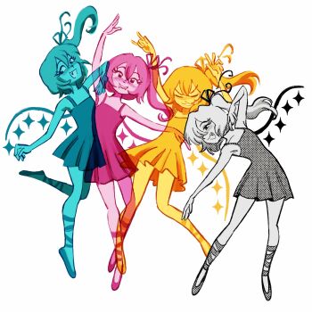 4girls ascot ballet_slippers bare_shoulders blush clone cmyk crystal dress flandre_scarlet flandrepudding four_of_a_kind_(touhou) highres multiple_girls multiple_monochrome multiple_persona one_side_up open_mouth ribbon see-through_body short_hair side_ponytail sleeveless sleeveless_dress smile touhou wings yellow_ascot