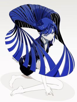 1other barefoot belt blue_eyes blue_hair blue_jacket blue_shorts blunt_bangs blunt_ends bright_pupils closed_mouth colored_skin feet floating_hair gem_uniform_(houseki_no_kuni) glint highres houseki_no_kuni jacket kneeling lapis_lazuli_(houseki_no_kuni) long_hair looking_at_viewer mt5_014 other_focus puffy_short_sleeves puffy_sleeves short_shorts short_sleeves shorts simple_background soles solo toes twitter_username very_long_hair white_background white_belt white_pupils white_skin