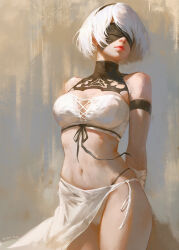 Rule 34 | 1girl, 2b (nier:automata), absurdres, armband, arms behind back, bare shoulders, bikini, black armband, black blindfold, black hairband, blindfold, breasts, bustier, closed mouth, covered eyes, cowboy shot, hairband, highres, looking to the side, medium breasts, mole, mole under mouth, navel, nier:automata, nier (series), red lips, sarong, short hair, solo, standing, stomach, swimsuit, white bikini, white bustier, white hair, white sarong, wodeipoi