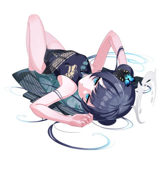1girl absurdres bare_arms bare_legs bare_shoulders black_dress black_hair black_jacket blue_archive blue_eyes breasts butterfly_hair_ornament china_dress chinese_clothes commentary double_bun dress grey_halo hair_bun hair_ornament halo highres jacket kisaki_(blue_archive) looking_at_viewer lying on_back pelvic_curtain rindou_ringdong sleeveless sleeveless_dress small_breasts solo striped_clothes striped_jacket twintails unworn_jacket vertical-striped_clothes vertical-striped_jacket