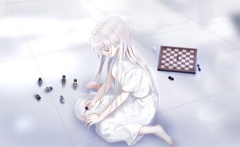1girl applying_manicure chessboard dice dress game_cg hakuchuumu_no_aojashin holding large_variant_set long_hair non-web_source official_art red_eyes shimofuri short_sleeves solo variant_set white_background white_dress white_hair yonagi_(hakuchuumu_no_aojashin)
