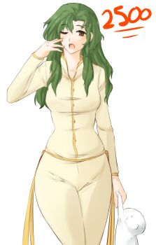 1boy 1girl archived_source artist_self-insert blush brown_eyes celebration collarbone curvy earrings elincia_ridell_crimea facing_viewer fire_emblem fire_emblem:_path_of_radiance fire_emblem:_radiant_dawn fire_emblem_heroes green_hair hair_between_eyes highres holding_hands jewelry light_blush long_hair looking_at_viewer nintendo one_eye_closed open_mouth pajamas parted_bangs standing sweatdrop thighs transparent_background tridisart wide_hips yawning