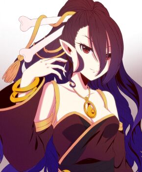 1girl bangle bone bone_hair_ornament borozoukin bracelet breasts brown_background brown_dress brown_eyes brown_hair cleavage closed_mouth dress gradient_background gradient_hair hair_between_eyes hair_ornament jewelry lady_hel long_bangs long_hair long_sleeves looking_at_viewer multicolored_hair necklace off-shoulder_dress off_shoulder pointy_ears purple_hair ragnarok_online slit_pupils small_breasts smile solo tassel upper_body white_background