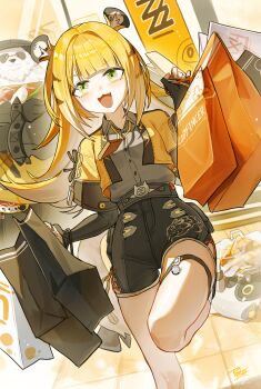 1girl absurdres animal_ears bag black_gloves black_shorts blonde_hair blunt_bangs commentary_request gloves green_eyes grey_shirt hands_up highres holding holding_bag jacket ju_fufu long_hair open_mouth orange_bag shirt shorts smile solo yellow_jacket yisjhui zenless_zone_zero