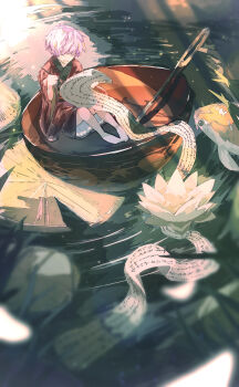 1girl absurdres animal barefoot blush bowl bowl_boat carp closed_eyes fish flower highres japanese_clothes kimono liangming_toho long_sleeves lotus lotus_leaf mini_person minigirl needle obi open_mouth outdoors paper purple_hair red_kimono sash short_hair smile solo sukuna_shinmyoumaru touhou water wide_sleeves writing