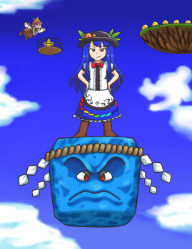 2girls bird_wings black_headwear blue_hair blue_skirt blue_sky bow bowtie brown_footwear brown_headwear center_frills closed_mouth cloud coin edgycat food frills fruit full_body hands_on_own_hips highres hinanawi_tenshi kaname-ishi leaf long_hair looking_at_viewer mario_(series) multiple_girls mystia_lorelei nintendo outdoors peach pink_hair super_star_(mario) rainbow_order red_bow red_bowtie red_eyes short_hair skirt sky smile smug standing super_mario_64 super_star_(mario) thwomp touhou winged_hat wings