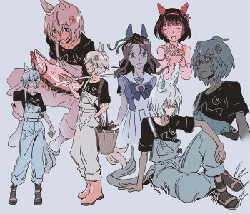 3girls animal_ears black_hair black_shirt black_socks blue_eyes blue_overalls blunt_bangs bow brown_hair bucket closed_eyes closed_mouth ear_covers ear_flower ear_ornament fish fishing_rod flower grey_hair hair_between_eyes hair_flower hair_ornament hairband hairclip halveablock highres holding holding_fishing_rod holding_flower horse_ears horse_girl horse_tail king_halo_(umamusume) long_hair multiple_girls nishino_flower_(umamusume) open_mouth overalls pink_hairband puffy_short_sleeves puffy_sleeves purple_bow purple_shirt red_eyes sailor_collar sailor_shirt sandals school_uniform seiun_sky_(casual)_(umamusume) seiun_sky_(umamusume) shirt short_hair short_sleeves single_ear_cover skirt smile socks sunflower sunflower_hair_ornament suspenders suspenders_slip tail teeth tracen_school_uniform umamusume white_sailor_collar white_skirt x_hair_ornament