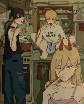 1girl 2boys absurdres adam&#039;s_apple alternate_costume avocath0 barefoot black_eyes black_hair black_tank_top blonde_hair blue_pants bulge buttons cellphone chainsaw_man chopsticks clothes_hanger clothes_writing collarbone commentary cooking cross-shaped_pupils cup demon_horns denji_(chainsaw_man) finger_to_cheek fingernails frying_pan hair_behind_ear hair_between_eyes hair_over_one_eye hayakawa_aki heart heart_print highres holding holding_chopsticks holding_with_chopsticks horns i_heart... kitchen long_hair looking_at_viewer male_underwear male_underwear_peek mug multiple_boys open_mouth pants phone phone_in_pocket pocket power_(chainsaw_man) red_horns salt_shaker scissors shadow sharp_teeth shirt shirt_partially_tucked_in short_hair short_shorts shorts sitting smartphone spatula standing stove symbol-shaped_pupils tank_top teeth toenails toes tongue tongue_out toothbrush topknot twitter_username unbuttoned underwear v white_shirt yellow_eyes