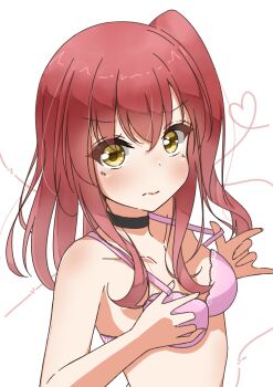 Rule 34 | 1girl, \m/, absurdres, black choker, blush, bocchi the rock!, bra, breasts, choker, closed mouth, collarbone, commentary request, eyes visible through hair, frown, hair between eyes, hands up, heart, heart of string, highres, kaorun (momiji hourensou), kita ikuyo, long hair, looking at viewer, one side up, pink bra, red hair, simple background, small breasts, solo, underwear, underwear only, upper body, v-shaped eyebrows, white background, yellow eyes