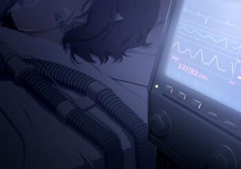 1girl artist_request ayane_(blue_archive) bed black_hair blanket blue_archive cable cardiogram computer game_cg highres hospital_bed knob lying mask medium_hair monitor night non-web_source official_art on_back oxygen_mask pointy_ears respirator sidelocks solo spoilers