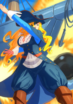 1girl anchor blonde_hair boots breasts brown_boots cannonball eyepatch frilled_shirt_collar frills hat highres large_breasts long_hair long_sleeves marvel_vs._capcom marvel_vs._capcom_2 pants pants_tucked_in pirate pirate_hat ruby_heart ship solo sombrero tricorne watercraft yagi2013