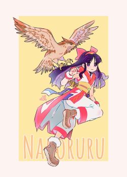 1girl ainu_clothes arm_up armpit_peek ass boots character_name english_text fingerless_gloves gloves hair_ribbon legs long_hair looking_at_viewer mamahaha nakoruru pants purple_eyes purple_hair ribbon samurai_spirits smile snk the_king_of_fighters the_king_of_fighters_xv thighs weapon yumecan2