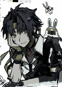 1boy 1other armor art_program_in_frame asaba_harumasa asaboo_(zenless_zone_zero) asymmetrical_gloves bangboo_(zenless_zone_zero) black_gloves black_hair black_necktie blush choker collarbone commentary_request gloves half_gloves hand_on_own_face headband highres looking_at_viewer male_focus mismatched_gloves mizunako necktie parted_bangs shirt short_hair shoulder_armor single_half_glove sleeves_rolled_up smile white_background white_shirt yellow_eyes yellow_gloves yellow_headband zenless_zone_zero