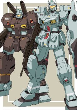 Rule 34 | assault rifle, assault visor, cannon, earth federation, gm (mobile suit), gm cannon ii, gm custom, goru (glty07), gun, gundam, highres, holding, holding gun, holding shield, holding weapon, mecha, mecha focus, mobile suit, no humans, orange visor, rifle, robot, science fiction, shield, shoulder cannon, standing, weapon