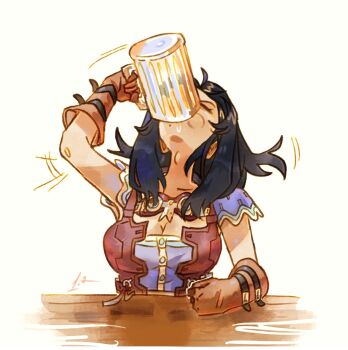 1girl alcohol beer beer_mug black_hair breasts brown_gloves commentary cup dark-skinned_female dark_skin drinking english_commentary gloves highres large_breasts long_hair mole mug onepointzero sharla_(xenoblade) sitting solo table white_background xenoblade_chronicles_(series) xenoblade_chronicles_1