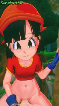 1boy 1girl 3d age_difference animated artist_name bandana black_eyes black_hair blue_gloves bottomless breasts cowboy_shot cropped_shirt day dragon_ball dragon_ball_gt eyelashes fingerless_gloves forest girl_on_top gloves grin hetero loli looking_at_viewer matching_hair/eyes medium_hair nature navel orange_bandana outdoors pan_(dragon_ball) parted_lips penis pov pov_crotch pussy sex short_sleeves sitting sitting_on_person size_difference small_breasts smile songbird3d tagme teeth tomboy tree uncensored vaginal video watermark