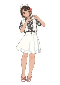 1girl ;o absurdres black_bow bow commentary_request flip-flops floral_print flower hair_flower hair_ornament hairclip heart heart_hands highres mashiro_ka one_eye_closed original parted_bangs red_nails sandals short_hair skirt standing tan white_skirt