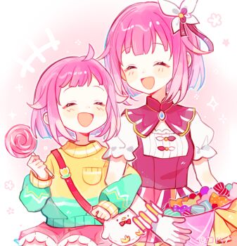 +++ 2girls :d ^_^ aged_down ahoge animal_bag atashi-tachi_no_happy_end_(project_sekai) bag blush bob_cut bracelet breasts bucket candy child cleavage_cutout closed_eyes clothing_cutout cohana commentary cowboy_shot dress dual_persona facing_another flower food frilled_shorts frilled_sleeves frills green_sweater hair_flaps hair_flower hair_ornament holding holding_bucket holding_candy holding_food holding_lollipop jewelry lollipop long_sleeves multiple_girls ootori_emu open_mouth orange_sweater outline pale_skin pink_background pink_dress pink_hair pink_shorts pocket project_sekai puffy_long_sleeves puffy_short_sleeves puffy_sleeves shirt short_bangs short_hair short_sleeves shorts shoulder_bag sidelocks simple_background sitting sleeveless sleeveless_dress small_breasts smile sparkle standing sweater swirl_lollipop symbol-only_commentary time_paradox tongue two-tone_sweater upper_body white_flower white_outline white_shirt wrapped_candy