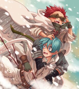 Rule 34 | 2boys, :o, akaboshi bisco, arrow (projectile), artist name, birthmark, blue hair, bow (weapon), cape, coat, facial mark, fingerless gloves, gloves, goggles, kyyhky, male focus, multiple boys, nekoyanagi milo, outdoors, quiver, red hair, sabikui bisco, snowing, sweatdrop, weapon, white cap