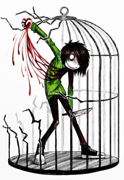 1boy 2000s_(style) black_pants blood blood_on_chest bloody_knife cage emo emo_artstyle emo_boy green_shirt hair_over_one_eye heart highres knife original pants shirt sketch smile