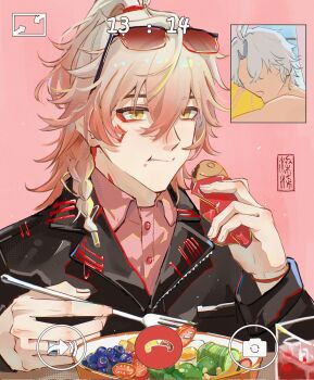Rule 34 | 2boys, alternate costume, antenna hair, black jacket, blonde hair, braid, collared shirt, commentary, eyewear on head, facial tattoo, food, fork, gradient hair, highres, holding, holding fork, honkai: star rail, honkai (series), jacket, jewelry, kkkkkk202357, leather, leather jacket, male focus, medium hair, multicolored hair, multiple boys, mydei (honkai: star rail), parted bangs, phainon (honkai: star rail), pink background, pink shirt, red hair, red tattoo, ring, shirt, short hair, side braid, taiyaki, tattoo, untranslatable commentary, video call, wagashi, white hair, yellow eyes