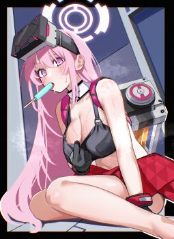1girl absurdres black_border black_gloves black_sports_bra blue_archive blush border breasts cleavage commentary_request eimi_(battlesuit)_(blue_archive) eimi_(blue_archive) erory6_(ro) food food_in_mouth gloves halo head-mounted_display highres large_breasts long_hair midriff navel official_alternate_costume pink_eyes pink_hair popsicle popsicle_in_mouth solo sports_bra sweat thighs very_long_hair white_halo