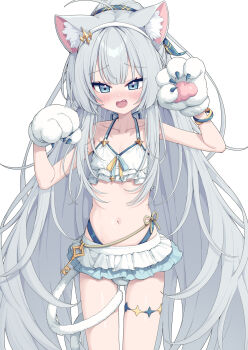 1girl ahoge animal_ears animal_hands bikini blue_eyes blush bracelet cat_ears cat_girl cat_tail collarbone commentary fang female_tyrant_(stella_sora) flat_chest frilled_bikini frills gloves grey_hair highres jewelry kemonomimi_mode long_hair looking_at_viewer metaljelly navel open_mouth paw_gloves simple_background solo stella_sora swimsuit symbol-only_commentary tail tyrant_(stella_sora) very_long_hair white_background white_bikini white_gloves