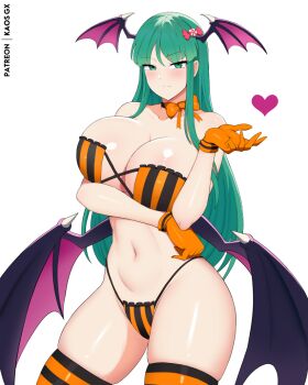 1girl arm_under_breasts bare_shoulders bat_wings bikini blush breasts capcom cleavage closed_mouth darkstalkers demon_girl eyepatch_bikini gloves green_eyes green_hair head_wings kaos_art large_breasts long_hair looking_at_viewer morrigan_aensland navel orange_gloves shiny_skin smile solo stomach striped_bikini striped_clothes striped_thighhighs swimsuit thighhighs wings