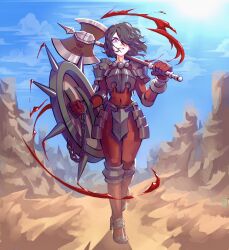 Rule 34 | 1girl, armor, axe, battle axe, berengaria (unicorn overlord), black hair, blue sky, bodysuit, breastplate, closed mouth, commentary, covered navel, english commentary, faulds, hair over one eye, high heels, highres, holding, holding axe, holding shield, linderosse, red bodysuit, red eyes, shield, sky, solo, spiked shield, sunlight, unicorn overlord, walking, weapon