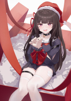 1girl adapted_costume arm_cutout bell black_choker black_hair black_shirt black_skirt bound bound_wrists breasts bright_pupils chisa_(wuthering_waves) choker clothing_cutout commentary_request hair_ribbon harurunoe hat long_hair long_sleeves looking_at_viewer medium_breasts mole mole_under_eye neck_bell open_mouth paid_reward_available red_eyes red_ribbon ribbon sailor_collar santa_hat shirt sitting skirt smile solo thigh_strap thighhighs thighs white_pupils white_sailor_collar white_thighhighs wuthering_waves