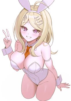 1girl absurdres ahoge akamatsu_kaede animal_ears armband bare_shoulders blonde_hair blush breasts cleavage curvy danganronpa_(series) danganronpa_v3:_killing_harmony detached_collar fake_animal_ears fortissimo grin hair_ornament highleg highleg_leotard highres keke_(xfxyuio) large_breasts leaning_forward leotard long_hair looking_at_viewer musical_note musical_note_hair_ornament necktie orange_necktie pink_eyes playboy_bunny rabbit_ears smile standing teeth v white_background white_leotard wide_hips wrist_cuffs