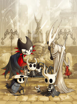 armor bench black_cloak broken_vessel_(hollow_knight) cloak closed_eyes commentary_request cracked_mask grey_cloak grimm_(hollow_knight) grimmchild hatchling_(hollow_knight) headpat highres hollow_eyes hollow_knight hollow_knight_(character) horned_mask hornet_(hollow_knight) knight_(hollow_knight) mamoru_mikokoro mask mask_on_head nail_(hollow_knight) needle_(hollow_knight) on_bench pure_nail_(hollow_knight) pure_vessel quirrel red_cloak shoulder_armor signature sitting sleeping statue two-sided_cloak two-sided_fabric weapon weapon_on_back white_mask wings
