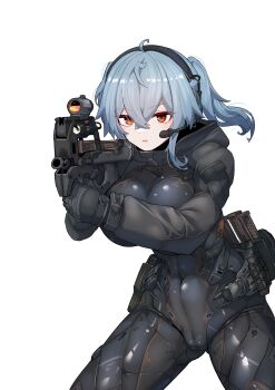 Rule 34 | absurdres, aiming, aiming at viewer, bodysuit, breasts, bullpup, covered navel, grey hair, gun, hair between eyes, headset, highres, holding, holding gun, holding weapon, impossible bodysuit, impossible clothes, impossible leotard, large breasts, leotard, m004 (natsukaze shigure), medium hair, natsukaze shigure, original, p90, skin tight, submachine gun, thighs, weapon