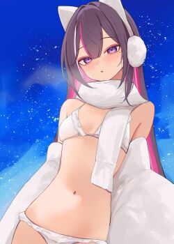 1girl absurdres animal_ears azki_(hololive) bikini black_hair blue_sky blush cat_ears colored_inner_hair commentary_request cowboy_shot double-parted_bangs earmuffs fake_animal_ears highres hololive looking_at_viewer mole mole_under_eye multicolored_hair navel night outdoors parted_lips purple_eyes rifufu scarf sky solo star_(sky) starry_sky stomach streaked_hair string_bikini swimsuit virtual_youtuber white_bikini white_scarf