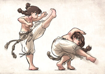 2girls braid brown_eyes brown_hair capoeira censored convenient_censoring high_kick highres ironlily kicking long_hair loose_clothes multiple_girls ordo_mediare_sisters_(ironlily) pants rope_belt single_braid_sister_(ironlily) sweat topless_female twin_braids twin_braids_sister_(ironlily)