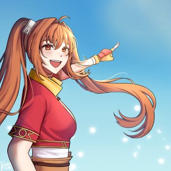 Rule 34 | 1girl, ahoge, blue sky, breasts, commentary, eiyuu densetsu, english commentary, estelle bright, floating hair, highres, kyria iv, large breasts, orange eyes, orange hair, outdoors, pointing, sky, smile, solo, sora no kiseki, standing, teeth, twintails, upper body, upper teeth only