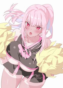 1girl absurdres bare_shoulders black_skirt blush breasts cheerleader collarbone commentary english_commentary highres holding holding_pom_poms hololive hololive_english huge_breasts kamiya_maneki long_hair looking_at_viewer lower_teeth_only mori_calliope open_mouth pink_eyes pink_hair pink_shirt pink_skirt pink_trim pom_pom_(cheerleading) pom_poms ponytail shirt signature simple_background skirt solo tan tanline teeth thighs twitter_username two-tone_shirt two-tone_skirt underboob virtual_youtuber white_background