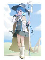 Rule 34 | 1girl, absurdres, black hat, black ribbon, blue eyes, blue hair, blue sky, boots, braid, brown cloak, cloak, cloud, dress, eyebrows hidden by hair, fence, full body, gem, grey dress, hair between eyes, hair ribbon, hand in own hair, hat, highres, holding, holding staff, jacket, light blush, long hair, looking to the side, mage staff, mushoku tensei, ribbon, roxy migurdia, sky, solo, staff, twin braids, user wekc7474, white footwear, white jacket, witch hat, wooden fence