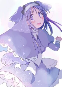 1girl animal_ears blush dog_ears dress fang hinata_yukari juliet_sleeves long_hair long_sleeves looking_at_viewer looking_back nun open_mouth puffy_sleeves purple_dress purple_eyes purple_hair solo tatsunokosso white_background yuyushiki
