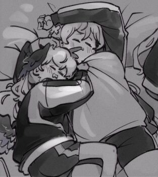 2girls blue_archive closed_eyes commentary greyscale hanako_(blue_archive) head_wings highres jacket kinzaibatsu91 koharu_(blue_archive) long_hair long_sleeves lying monochrome multiple_girls on_back on_side open_clothes open_jacket open_mouth shirt shorts sleeping symbol-only_commentary track_jacket wings