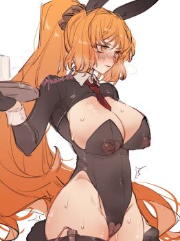 09wave_hb 1girl animal_ears black_gloves black_shrug blush body_freckles breast_freckles breasts clenched_hand clothing_cutout commentary_request detached_sleeves freckles gloves heart_cutout high_ponytail highres ishmael_(project_moon) large_breasts limbus_company long_hair necktie nipple_cutout orange_hair playboy_bunny ponytail project_moon pussy_cutout rabbit_ears red_necktie rope shrug_(clothing) simple_background solo very_long_hair vibrator_in_thigh_strap white_background wrist_cuffs