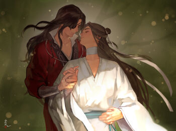 2boys bandaged_neck bandaged_wrist bandages bare_tree black_hair blurry bokeh bracelet brown_background brown_hair chinese_clothes closed_eyes closed_mouth collarbone couple curtained_hair depth_of_field eyelashes eyepatch face-to-face floating_hair front-to-back gradient_background hair_bun hair_ribbon hand_on_another&#039;s_waist hand_on_own_hip hand_up hanfu happy head_down head_tilt height_difference high_collar holding_hands hua_cheng imminent_kiss interlocked_fingers jewelry light_particles light_smile long_hair long_sidelocks male_focus multiple_boys necklace parted_bangs puffy_sleeves red_hanfu ribbon sanagi_karipuri shade sidelighting sidelocks signature silhouette silver_bracelet silver_necklace simple_background single_hair_bun standing straight_hair string string_around_finger string_of_fate swept_bangs tianguan_cifu tree upper_body very_long_hair wavy_hair white_hanfu white_ribbon wide_sleeves xie_lian yaoi yuanlingpao