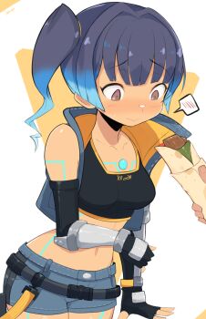 1girl black_gloves black_hair black_sports_bra blue_hair blue_shorts blue_vest blush body_markings breasts brown_eyes closed_mouth commentary cowboy_shot crop_top denim denim_shorts denim_vest fiery_hair fingerless_gloves gloves gradient_hair highres jellcaps looking_at_food medium_breasts multicolored_hair navel open_clothes open_vest out_of_frame sena_(xenoblade) short_shorts shorts side_ponytail solo_focus spoken_blush sports_bra symbol-only_commentary vest white_background xenoblade_chronicles_(series) xenoblade_chronicles_3 yellow_trim