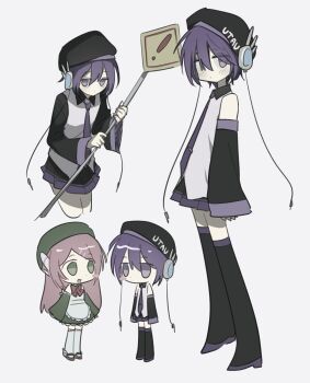 2girls apron bare_shoulders beret black_boots black_hat black_skirt black_sleeves blush_stickers boots bow bowtie brown_shoes chibi chibi_inset closed_mouth collared_shirt commentary_request contrast_collar copyright_name detached_sleeves dnxkdbqh9 dress eyes_visible_through_hair green_dress green_eyes green_hat green_sleeves hair_ornament hairpin hat highres holding holding_sign jitome korean_commentary long_hair long_sleeves looking_at_another looking_at_viewer maid_apron mary_janes miniskirt momone_momo multiple_girls multiple_views necktie no_mouth pink_hair purple_eyes purple_hair purple_necktie purple_trim red_bow red_bowtie road_sign robot_ears shirt shoes short_hair sign single_blush_sticker skirt sleeveless sleeveless_dress sleeveless_shirt standing swept_bangs tareme thigh_boots thighhighs tie_clip utane_uta utau very_short_hair white_apron white_background white_shirt white_thighhighs