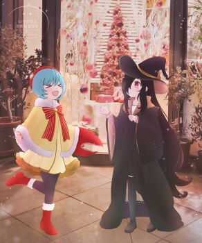 Rule 34 | > <, 2girls, :d, absurdres, black hair, black hat, black pantyhose, black robe, blue hair, boots, bungo yayoi, bungo yayoi (happy legion), capelet, christmas, commentary request, crab claw, dress, full body, fur-trimmed boots, fur-trimmed capelet, fur trim, hair over one eye, hands up, hat, heaven burns red, highres, long hair, long sleeves, looking up, mochinemono, multiple girls, official alternate costume, one eye covered, open mouth, outstretched hand, pantyhose, parted lips, photo background, red boots, red eyes, red hat, ribbon-trimmed headwear, ribbon trim, robe, short hair, smile, snowing, standing, standing on one leg, tenne miko, very long hair, wide sleeves, witch hat, xd, yellow capelet, yellow dress