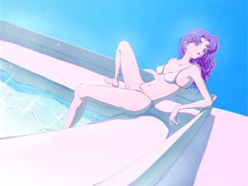 1girl arm_support arm_under_breasts ass barefoot bikini blush breasts cleavage dutch_angle full_body highres katsuragi_misato large_breasts legs lips looking_afar lying medium_hair navel nekopuchi neon_genesis_evangelion on_stomach poolside purple_eyes purple_hair solo sweat swimsuit the_pose thighs thong thong_bikini water white_bikini wide_hips