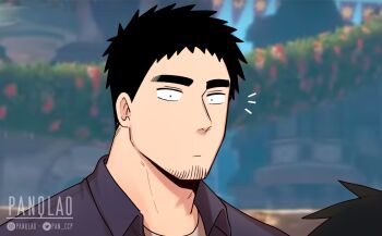 2boys black_hair collared_shirt facial_hair goatee highres kazama_souta mature_male multiple_boys muscular muscular_male notice_lines panqlao photo_background scene_reference senpai_ga_uzai_kouhai_no_hanashi shirt short_hair signature stubble takeda_harumi tangled thick_eyebrows