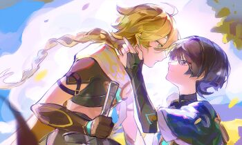 Rule 34 | 2boys, aether (genshin impact), ahoge, aqua gem, arm armor, black hair, black pants, black tank top, blonde hair, blue cape, blue sky, blunt ends, blush, braid, bridal gauntlets, brown gloves, brown shirt, cape, clenched hand, closed mouth, cloud, cloudy sky, colored inner hair, commentary request, day, eyeshadow, floating hair, from side, gem, genshin impact, gloves, gold ring, gold trim, hair between eyes, han'eri, hands on another's face, hands up, highres, holding, kflabj, leaf, long hair, looking at another, low-braided long hair, low-tied long hair, makeup, male focus, midriff, multicolored hair, multiple boys, no headwear, open clothes, open shirt, outdoors, pants, purple eyes, purple hair, red eyeshadow, scaramouche (genshin impact), scarf, shirt, short hair, short sleeves, single braid, sky, smile, tank top, tree, upper body, vision (genshin impact), wanderer (genshin impact), white scarf, white shirt, yaoi, yellow eyes